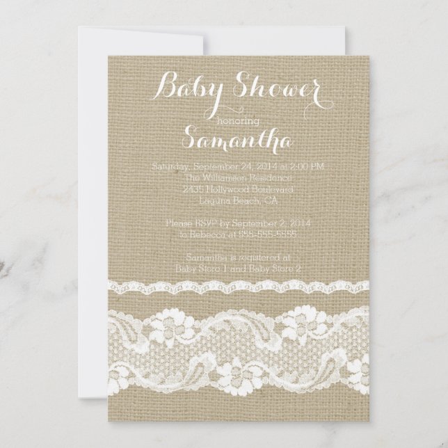 Invitation Baby shower moderne Burlap & Lace (Devant)