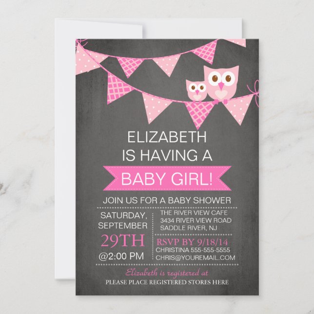 Invitation Baby shower moderne Chalkboard Bunl Owl GIRL (Devant)