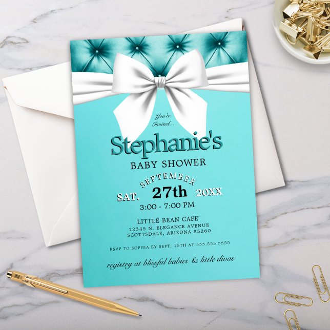 Invitation Baby shower moderne Chic Bow Aqua Blue Tiffany (elegant tiffany theme baby shower with tufted background, white bow and modern typography)