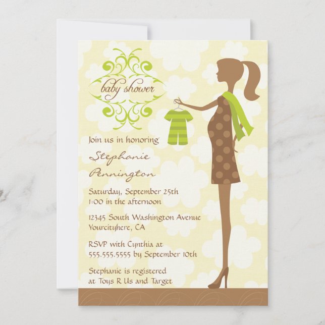 Invitation baby shower moderne chic vert et marron (Devant)