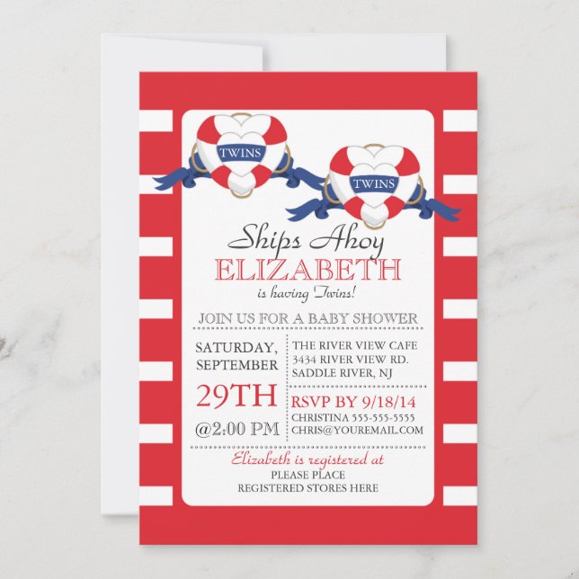 Invitation Baby shower moderne de Buoy Coeur Nautique Twins (Devant)