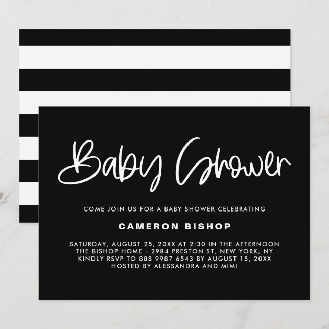 Invitation Baby shower moderne de calligraphie noir et blanc (Devant / Derrière)