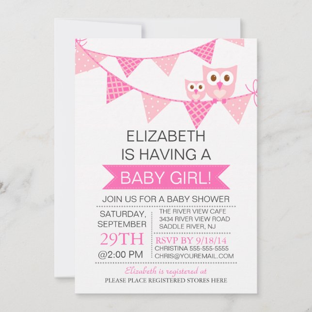 Invitation Baby shower moderne de chouette à bottes roses (Devant)