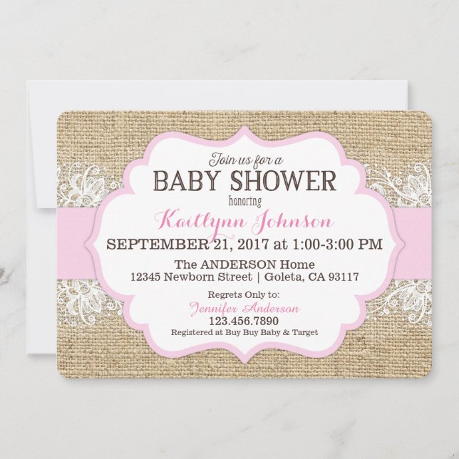 Invitation Baby shower moderne de fille de rose de dentelle (Devant)