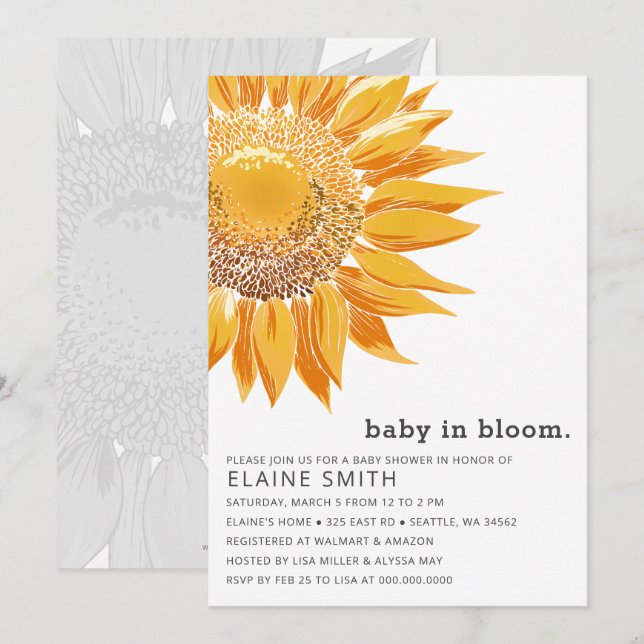 Invitation Baby shower moderne de genre tournesol neutre (Devant / Derrière)