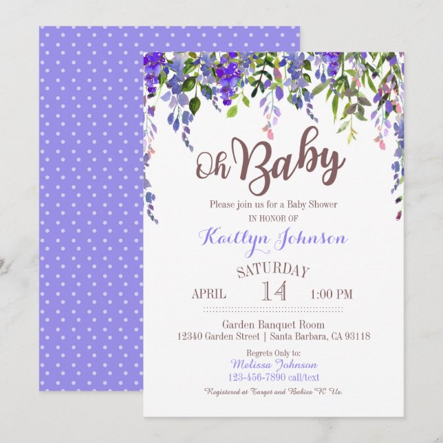 Invitation Baby shower moderne de glycines pourpres (Devant / Derrière)