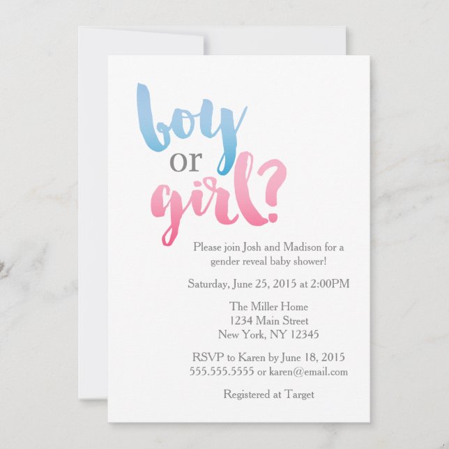 Invitation Baby shower moderne de révélation de genre bleu et (Devant)
