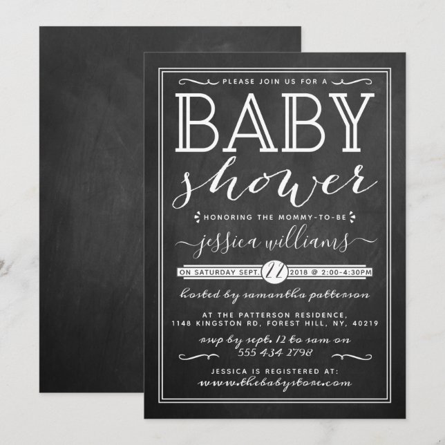 Invitation Baby shower moderne de typographie à la mode Chalk (Devant / Derrière)