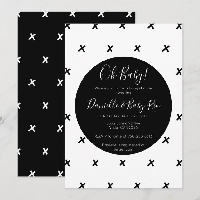 Invitation Baby shower moderne de X motif noir et blanc (Devant / Derrière)