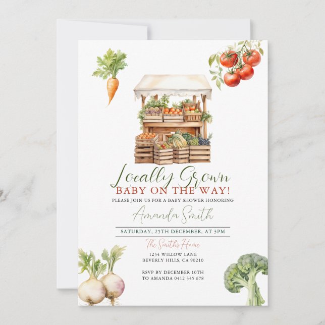 Invitation Baby shower Moderne Du Marché Fraîché, Cultivé Loc (Devant)