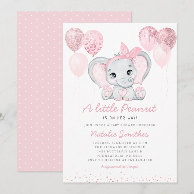 Invitation Baby shower moderne Eléphant Fille Ballons (Devant / Derrière)