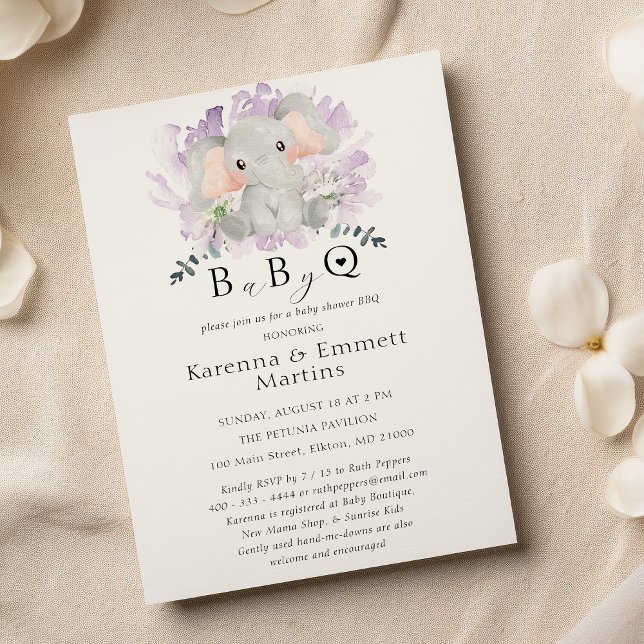 Invitation Baby shower moderne Elephant Floral Baby-Q BBQ (Créateur téléchargé)