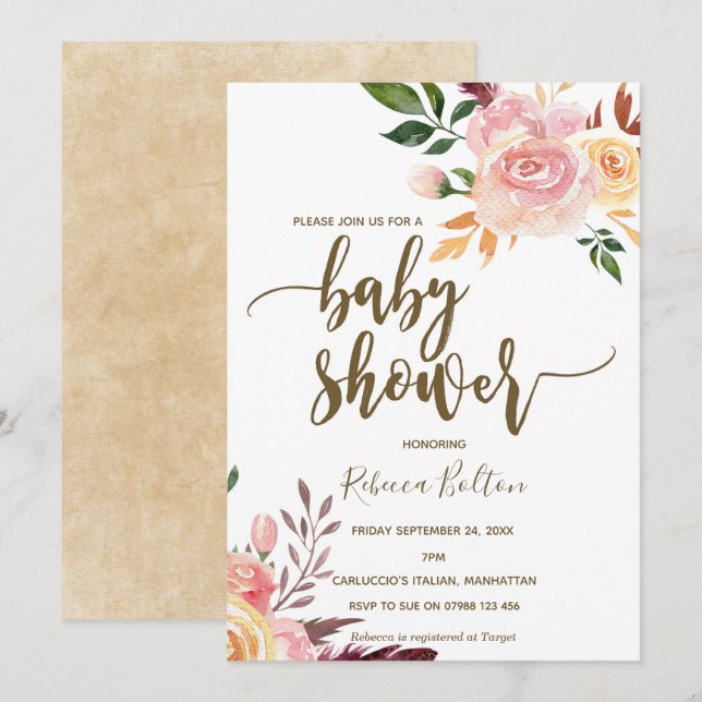 Invitation baby shower moderne en plumes florales de Boho inv (Devant / Derrière)