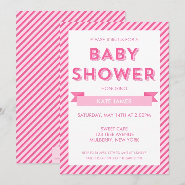Invitation Baby shower moderne en rayures roses (Devant / Derrière)
