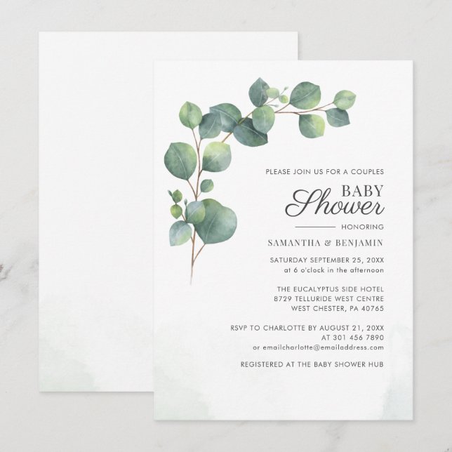 Invitation Baby shower moderne Eucalyptus Couples (Devant / Derrière)