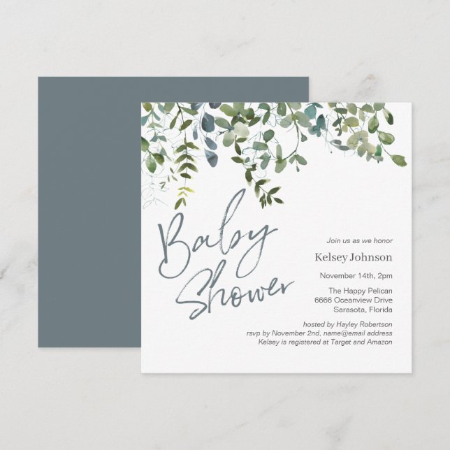Invitation Baby shower moderne Eucalyptus Green Script (Devant / Derrière)