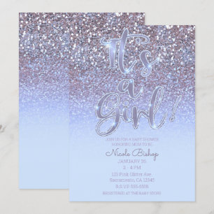 Invitation Baby Shower Moderne Fille Paillettes Glamour Argen