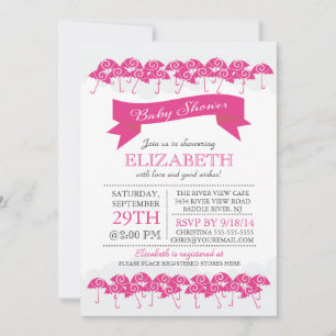 Invitation Baby shower moderne Fuchsia Pink Umbrella Girls