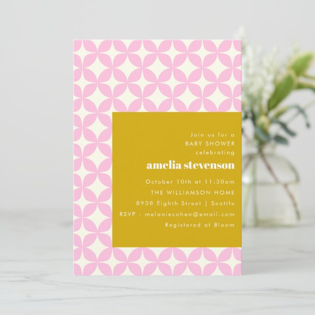 Invitation Baby shower moderne géométrique rose jaune rétro (Debout devant)
