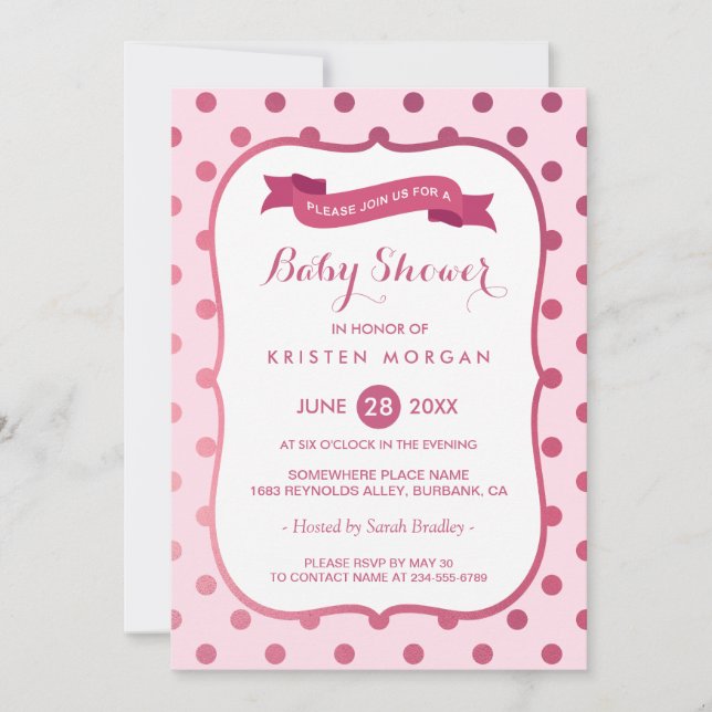 Invitation Baby shower moderne Girl Magenta Pois roses (Devant)
