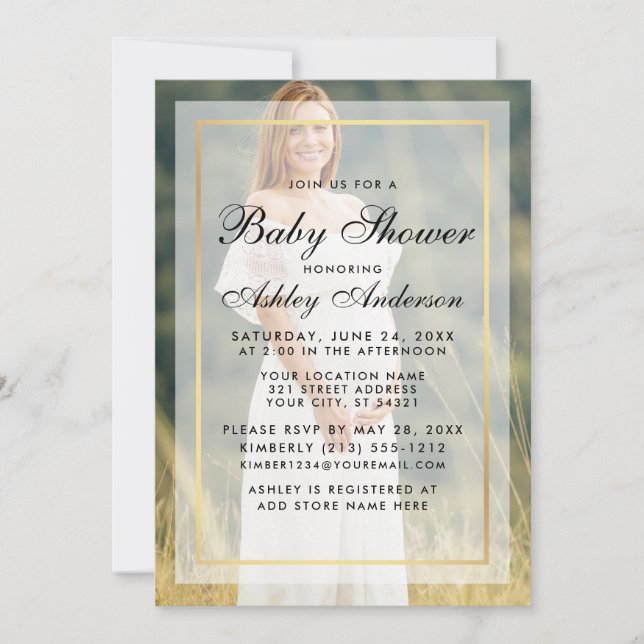 Invitation Baby shower moderne Gold Cadre superposition photo (Devant)