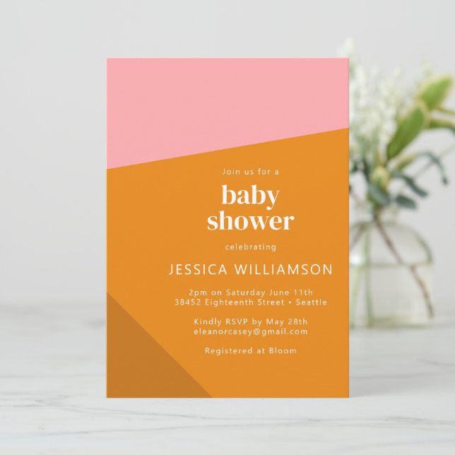 Invitation Baby shower moderne Gras Géométrique Rose Orange (Debout devant)
