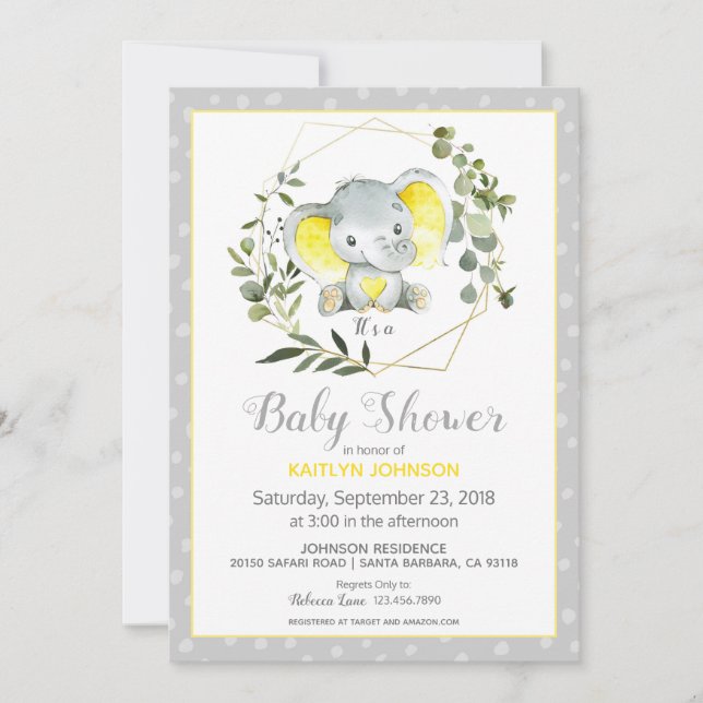 Invitation Baby shower moderne Grey Elephant (Devant)