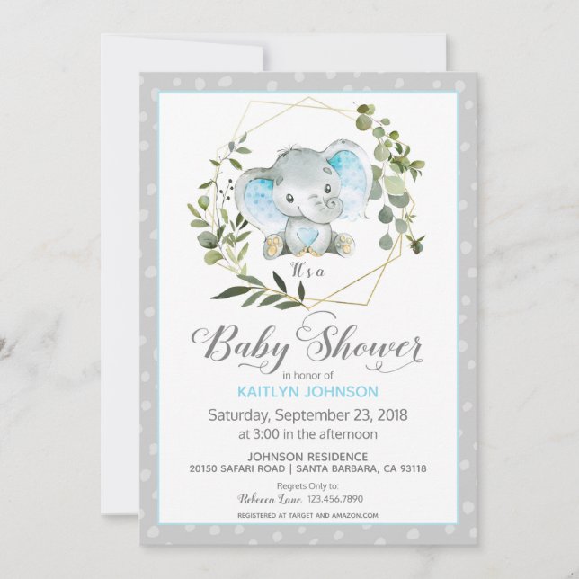 Invitation Baby shower moderne Grey Elephant (Devant)