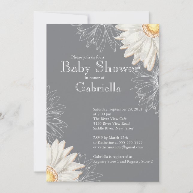 Invitation Baby shower moderne gris et blanc Gerbera Daisy (Devant)