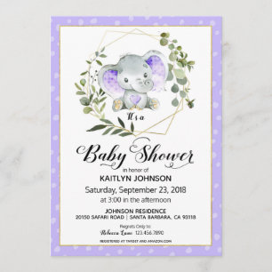 Invitation Baby shower moderne Lavender Elephant