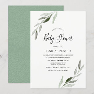 Invitation Baby shower moderne moderne à feuilles vertes Invi