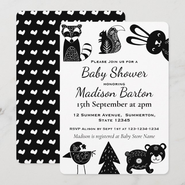 Invitation Baby shower moderne moderne des animaux de bois no (Devant / Derrière)