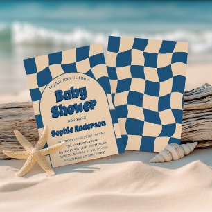 Invitation Baby Shower Moderne Motif Ondulé Rétro Bohème Bleu