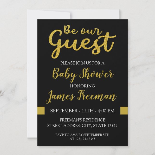 Invitation Baby shower moderne noir et or (Devant)