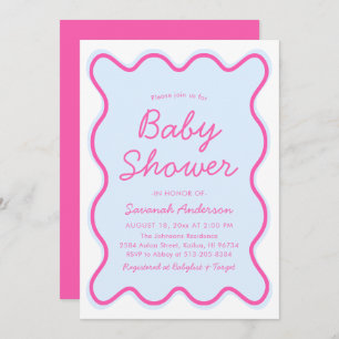 Invitation Baby shower moderne ondulé rétro bleu rose