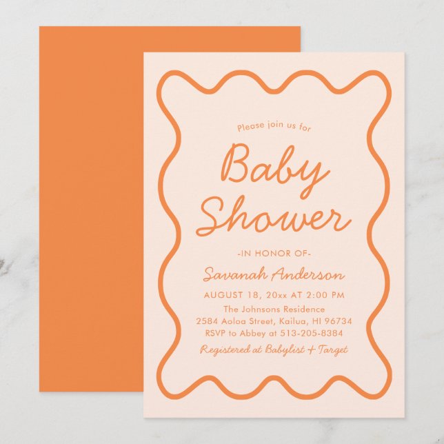 Invitation Baby shower moderne ondulé rétro Peach Fuzz (Devant / Derrière)