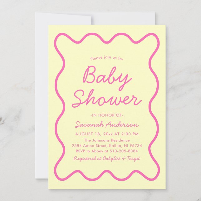 Invitation Baby shower moderne ondulé rétro rose jaune (Devant)