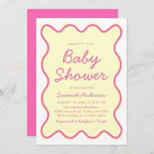 Invitation Baby shower moderne ondulé rétro rose jaune