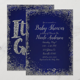 Invitation Baby Shower Moderne Pailleté Argent Bleu Royal Gla