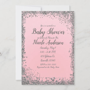 Invitation Baby Shower Moderne Pailleté Rose Foncé Argenté Gl