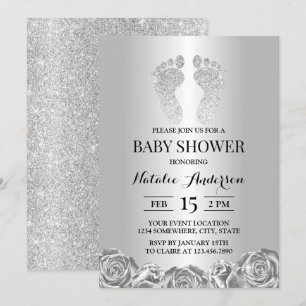 Invitation Baby shower moderne Parties scintillant argent pie