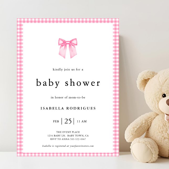 Invitation Baby shower moderne Pink Watercolor Bow En vichy (Card shown in 5 x 7 inches, personalize, choose border style, and paper.)