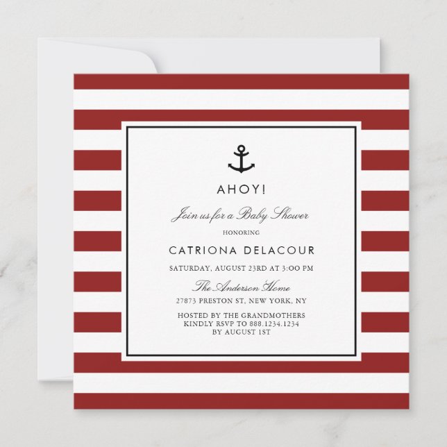 Invitation Baby shower moderne Red Nautical Stripes Invitatio (Devant)