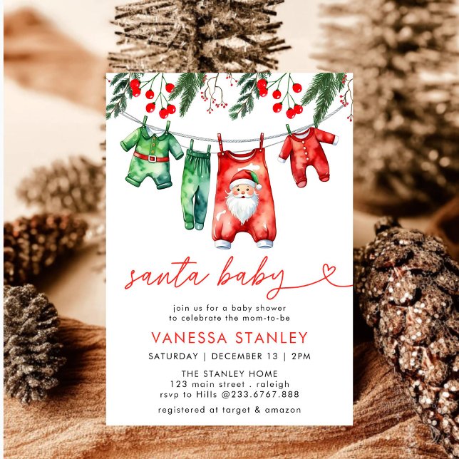 Invitation Baby shower moderne Red Winter Christmas Père Noël (Créateur téléchargé)