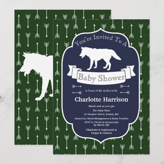 Invitation Baby shower moderne Rustique Green & Blue Wolf Flè (Devant / Derrière)
