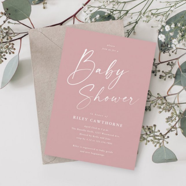 Invitation Baby shower moderne Script Dusty Rose Girls (Créateur téléchargé)