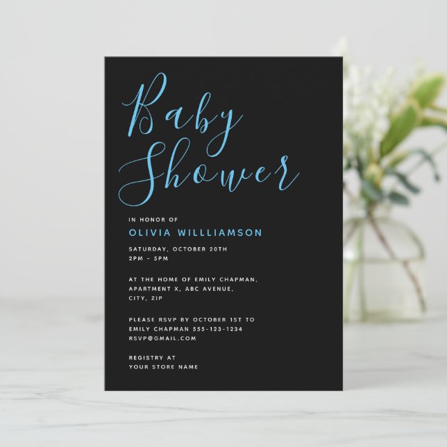 Invitation Baby shower moderne Simpliste Noir & Bleu (Debout devant)