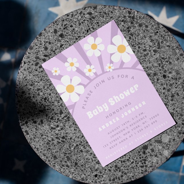 Invitation Baby shower moderne Super Retro Rose Purple Daisy (Créateur téléchargé)