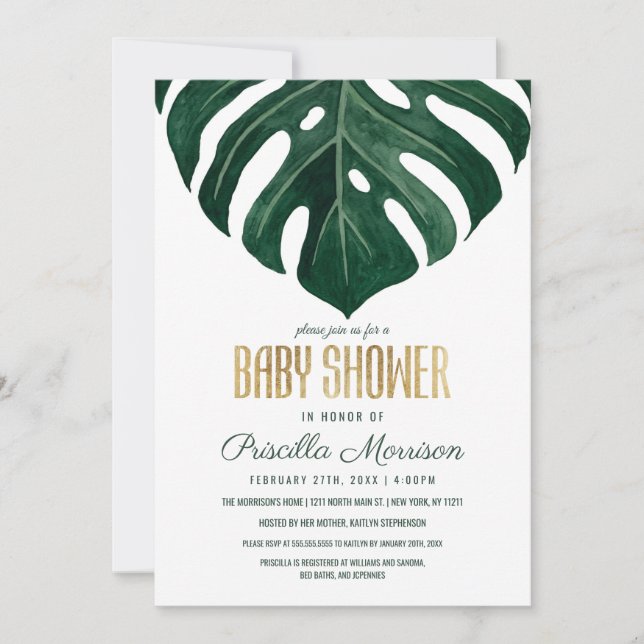 Invitation Baby shower moderne Tropical Swiss Cheese Leaf Gol (Devant)