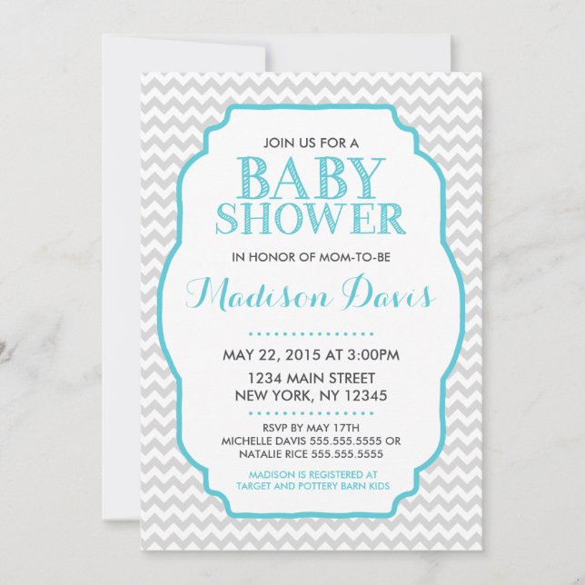 Invitation Baby shower moderne Turquoise et Grey Chevron (Devant)